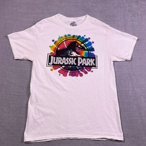 Jurassic World Tie Dye Logo Graphic Crew Neck T-Shirt Women Medium White Cotton